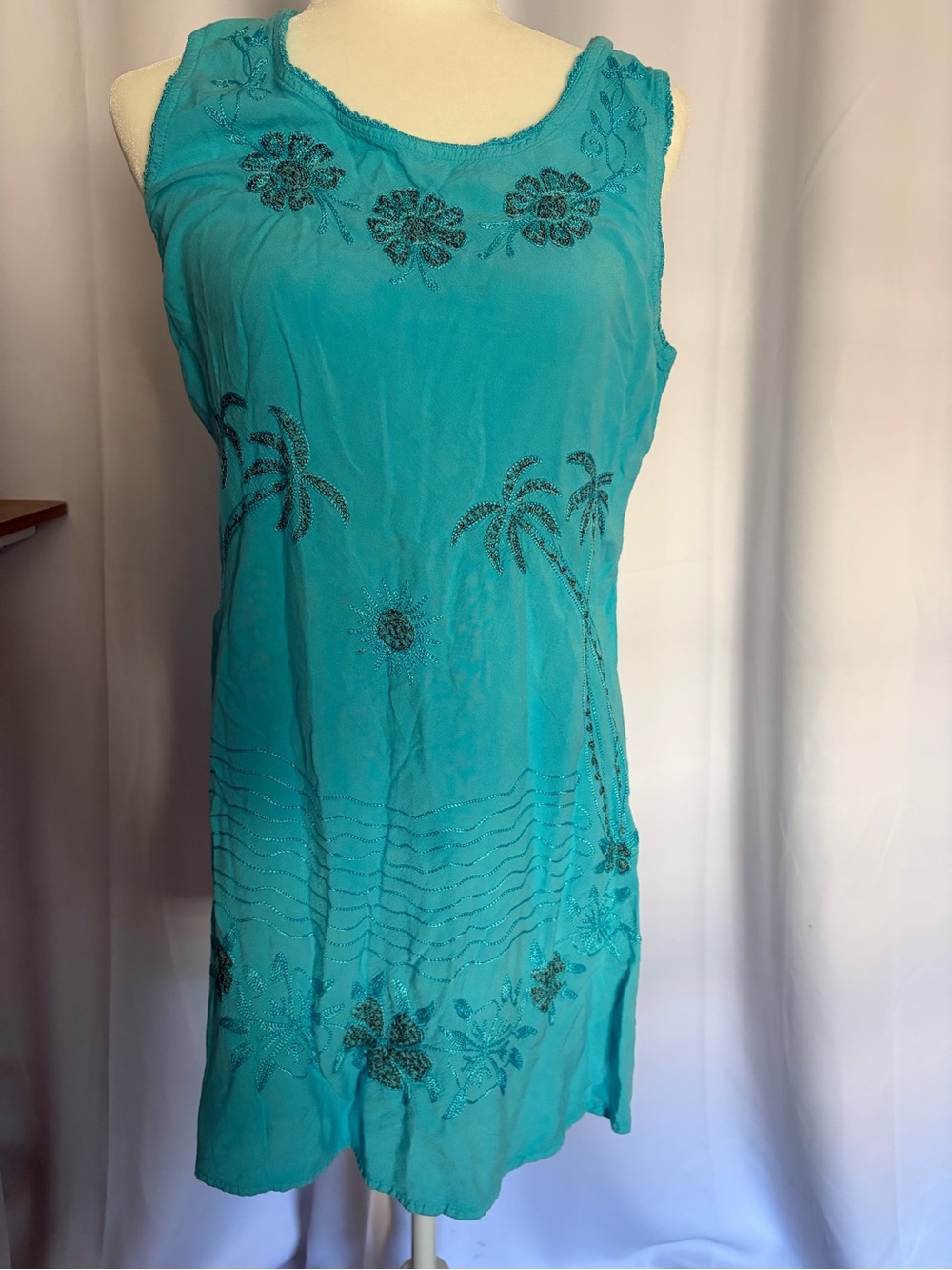 raya sun Turquoise Embellished Palm-Print Swim Coverup